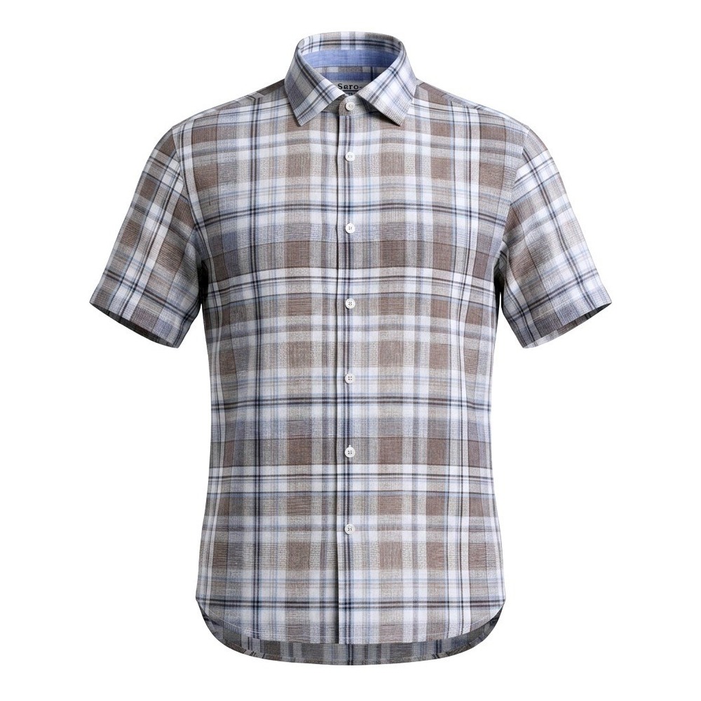Joseph Abboud Mens Linen Blend Plaid Short Sleeve Button Up Shirt Brown Blue M